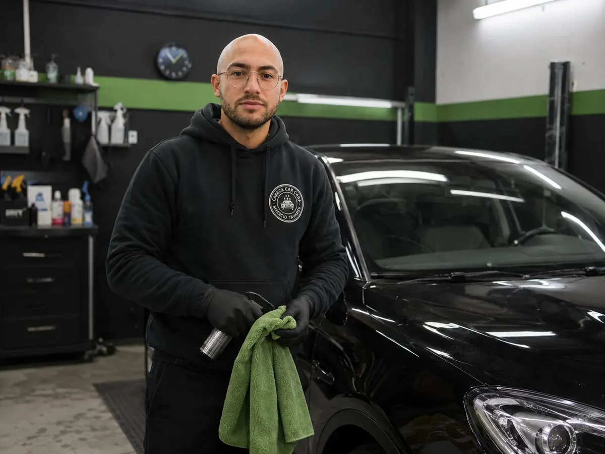 Márcio Tavares, fundador da Careca Car Care, junto a um veículo no espaço de detalhe automóvel